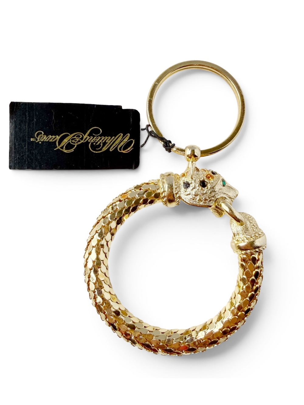 Vintage Whiting Davis Panther Leopard Big Cat Head Rhinestone Chainmail Key Ring